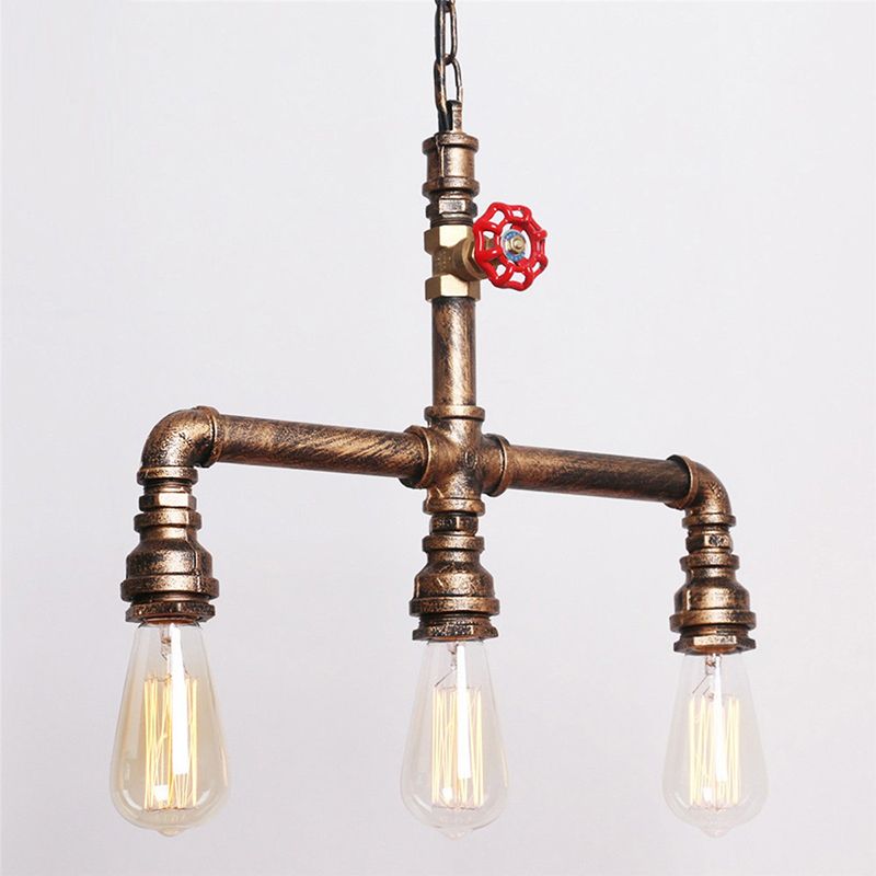 Water Pipe Restaurant Island Lamp Industrial Metal 3-Head Hanging Light with Red Valve Decor