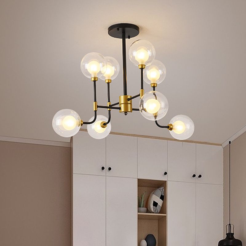Modern Orb Hanging Chandelier Clear Glass 8/16 Bulbs Suspended Lighting Fixture in Black and Gold