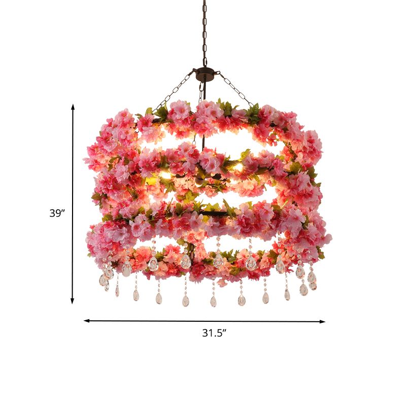 Vintage Round Chandelier Lamp 6 Bulbs Metal LED Flower Ceiling Pendant Light in Pink with Crystal Accent