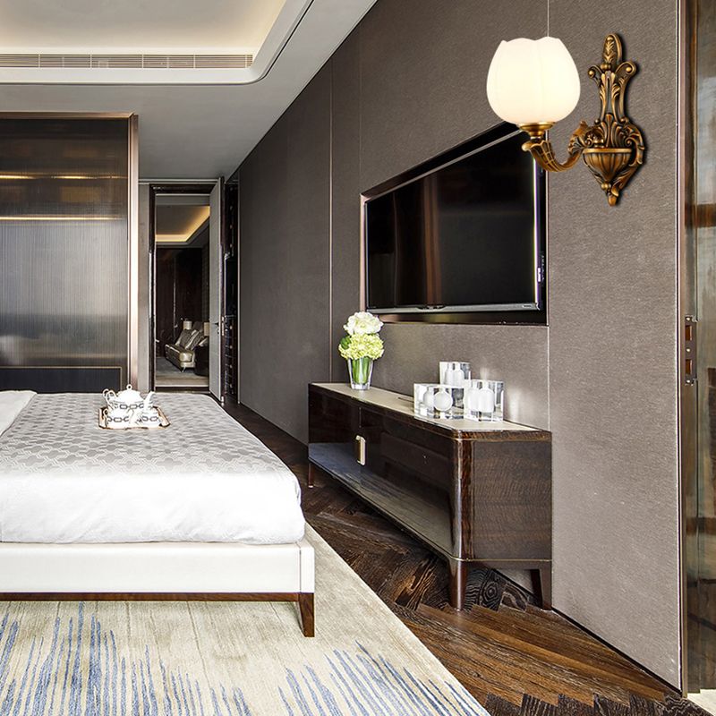 1/2-Light Bowl Shade Wall Sconce Vintage Stylish Antique Brass Metal Wall Light with Milky Glass Shade