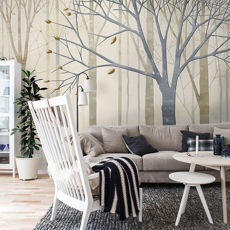 Illustration Style Forest Mural Full Size Wall Art in Grey and Coffee for Bedroom, Custom-Made