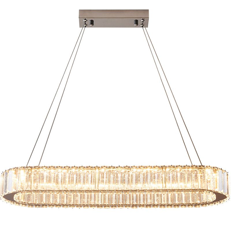 Luz de la isla LED cromada ovalada en la moderna lámpara colgante de acero inoxidable de estilo de lujo con sombra de cristal