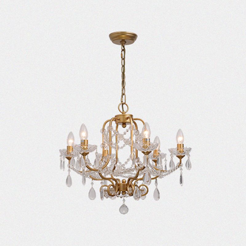 Gold Chandelier Lamp Vintage Metal Candle Suspension Pendant Light with Crystal Drop