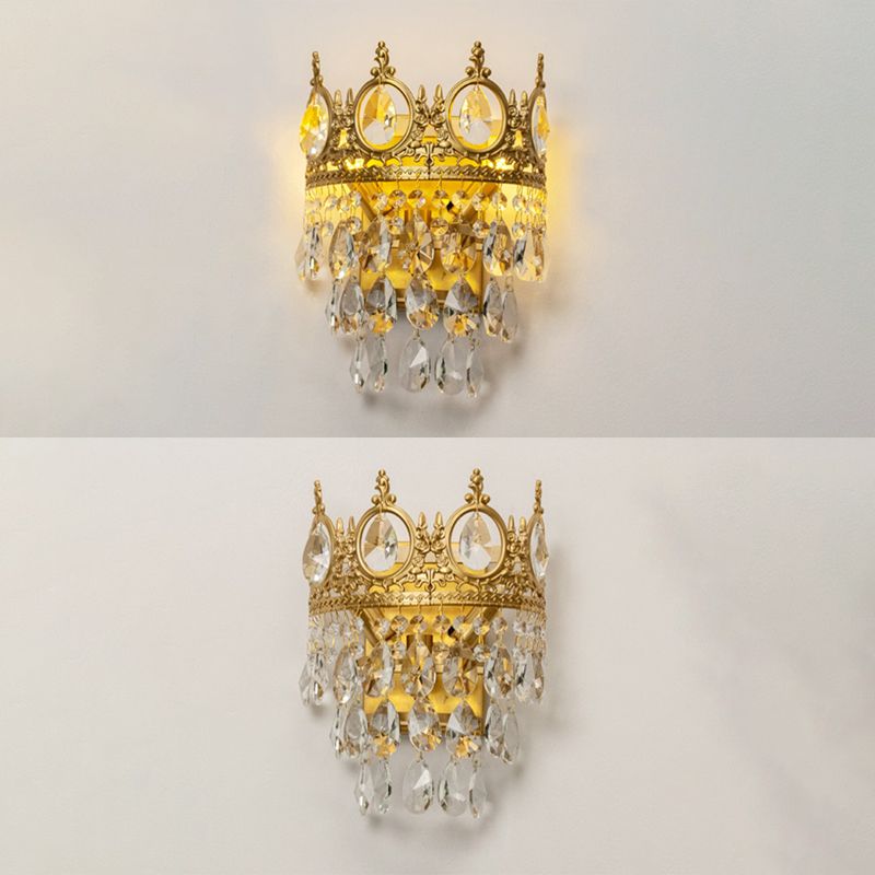 Crown Wall Sconce Lighting Modern Style Crystal 3-Lights Wall Mount Light in Brass