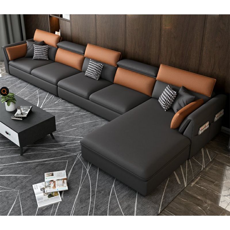 Stain-Resistant Faux Leather Flared Arm Sectional with Pillowed Back Cushions