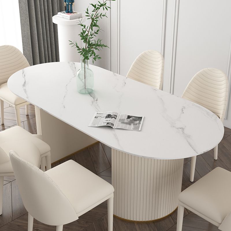 Traditional Luxury Oval Dining Table Sintered Stone Table with White Double Pedestal for Dining Room