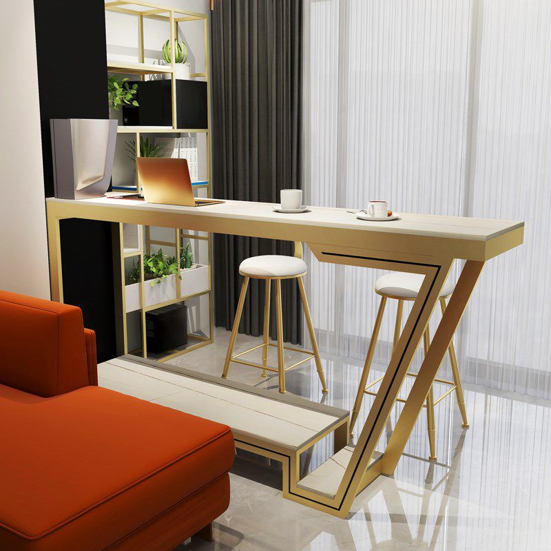 Polished Finish Stone Top Bistro Table Glam Pub Table with Metal Base