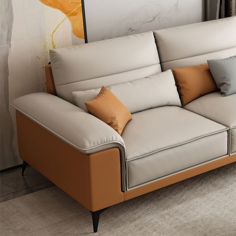 Pillow Top Arm Sectional Beige Faux Leather Sectional with Pillows