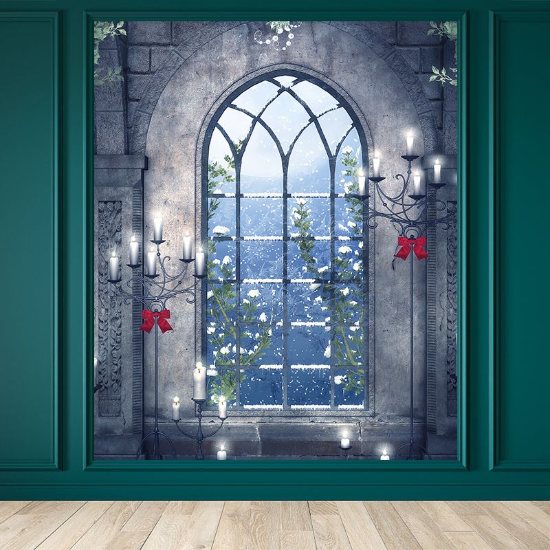 Contemporary Candles and Window Mural Non-Woven Waterproofing Gray Wall Art for Playroom