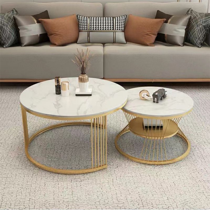 Round White Slate Coffee Table with Shelf Frame Base 2 Nestling Cocktail Table