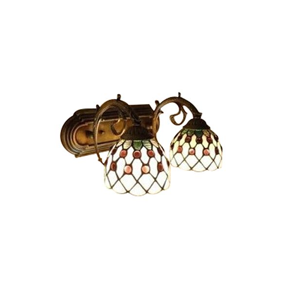 Tiffany Lattice Bowl Wall Sconce Art Glass 2 Bulbs White Wall Light with Curved Arm for Hallway