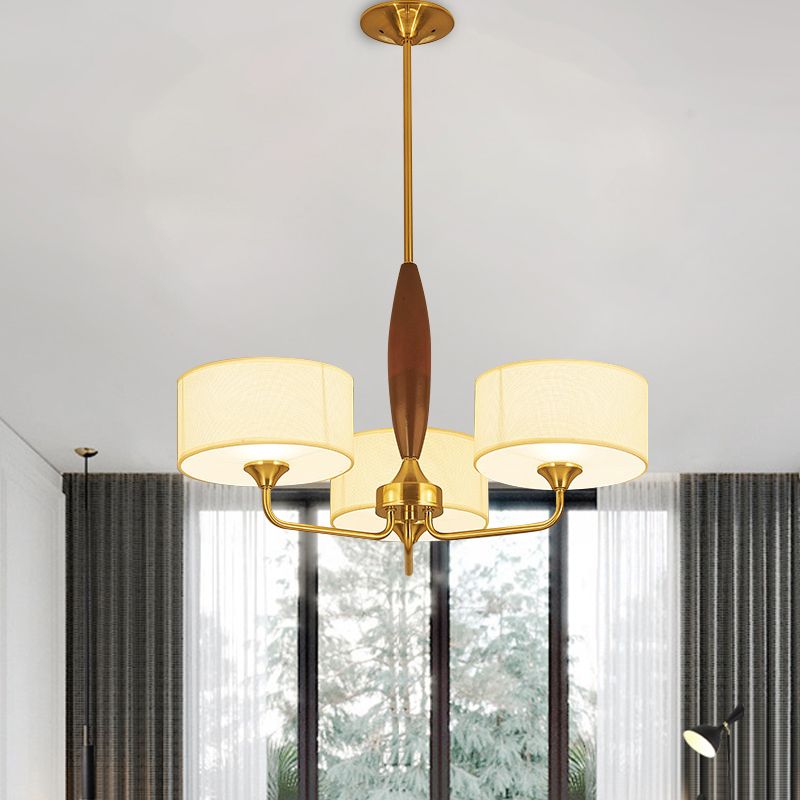 3/5-Bulb Drop Pendant Countryside Bedroom Chandelier Lamp with Drum Fabric Shade in White