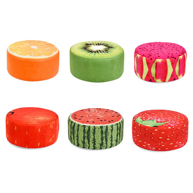 Round Pouf Upholstered Scratch Resistant Contemporary Fruit Printed Fabric Footstool