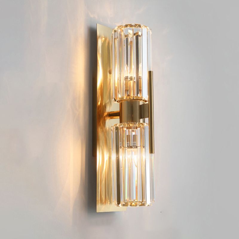 2-Lights Cylindrical Crystal Sconce Lights Electroplated Gold Postmodern Wall Lamp for Living Room
