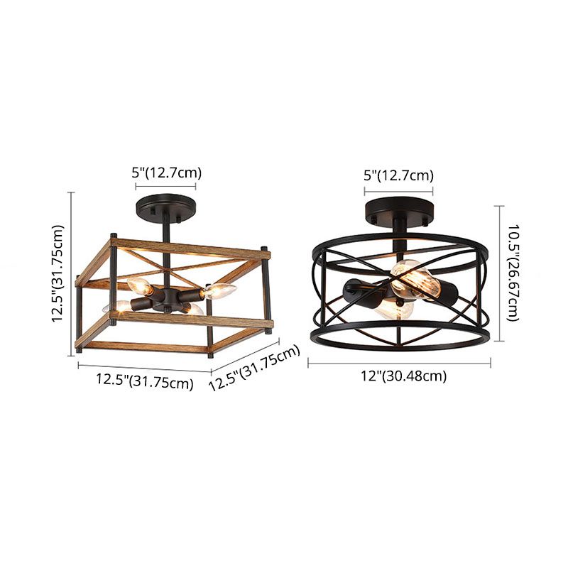 Luz de techo negro de madera en el estilo industrial de hierro forjado Geométrico Semi Flush Monte