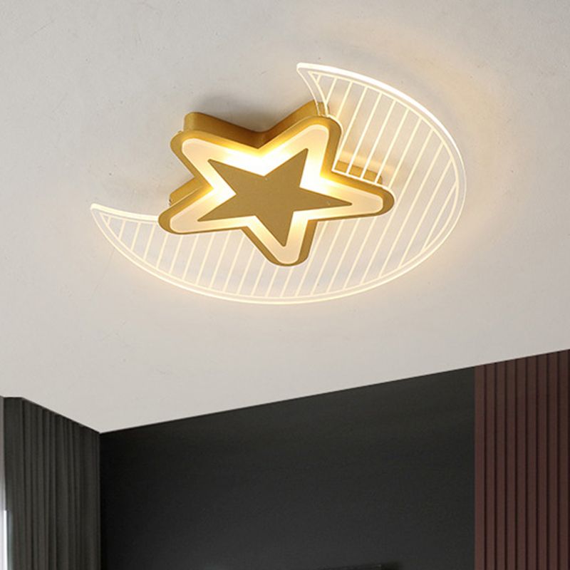 Acrylic Crescent and Star Ceiling Light Fixture Cartoon LED Gold Flush Mount Lighting in Warm/White Light