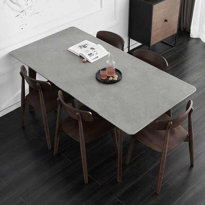 Stone Rectangle Top Table Mid-Century Modern Dining Table with 4 Wood Legs