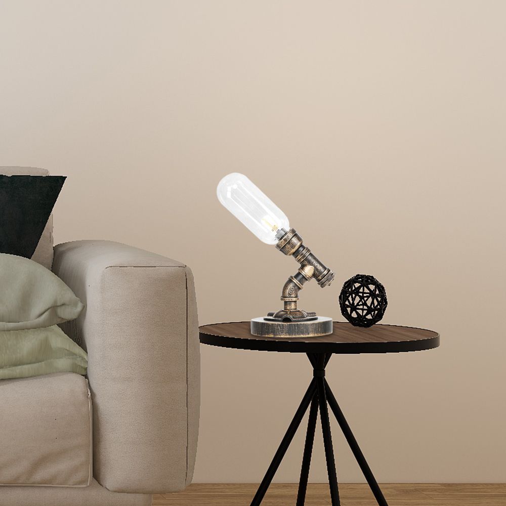 Capsule slaapkamer led nachtlicht industrieel amber/helder glas 1 kop nikkel tafellamp met pijp metalen basis