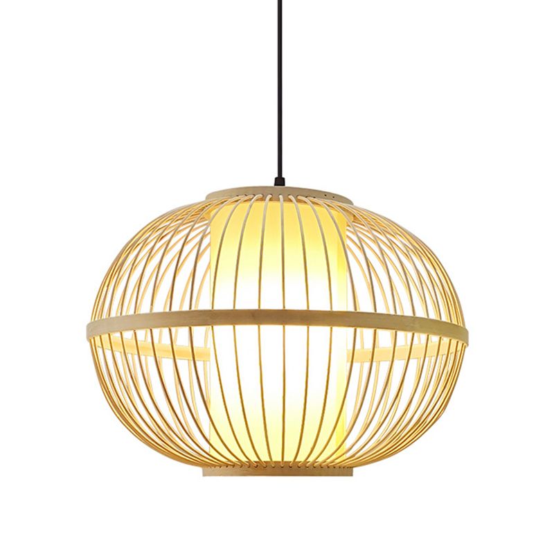 14 "/16" /23.5 "W ovale suspensieverlichting Aziatische bamboe 1-licht beige hanger lichtarmatuur met binnenschaduw