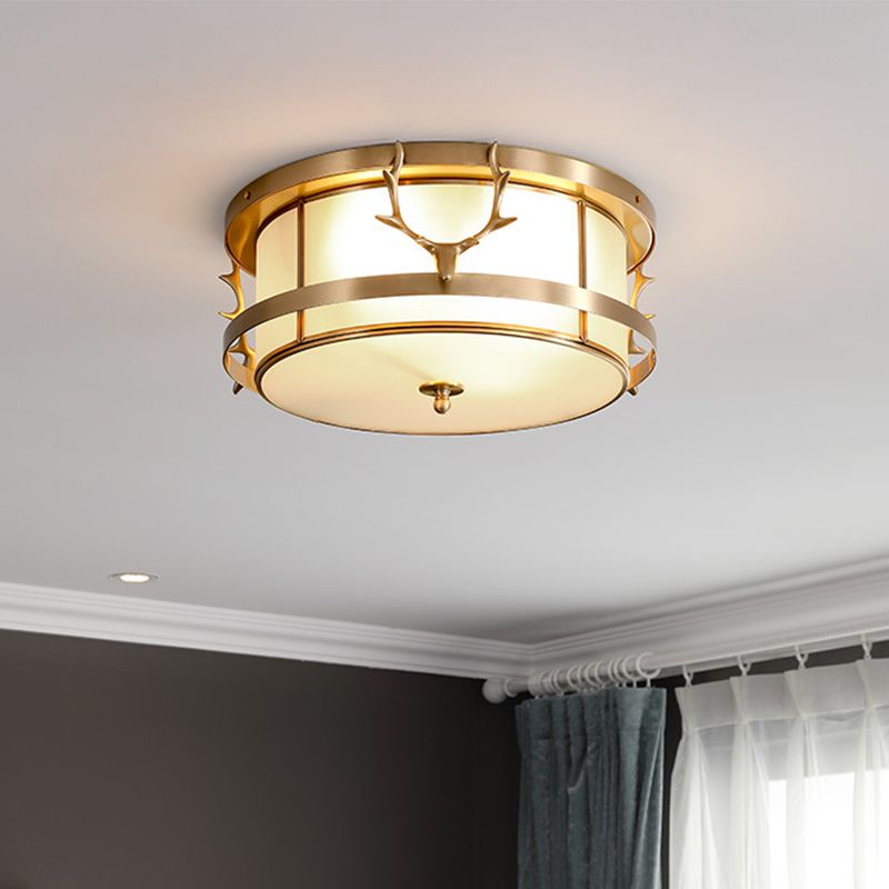 Brass Antler Element Ceiling Lamp Vintage Metallic 4-Light Bedroom Flush Mount Light with Opal Glass Shade