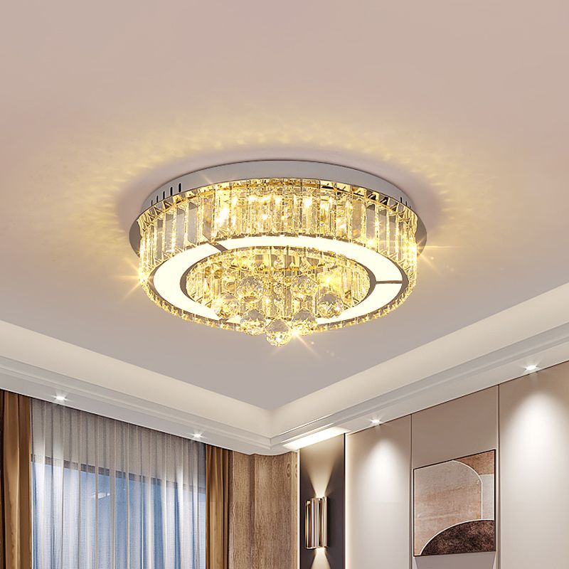 Chrome LED Floral Ceiling Fixture Modernism Faceted Crystal Flushmount Lighting, 18"/19.5" Width