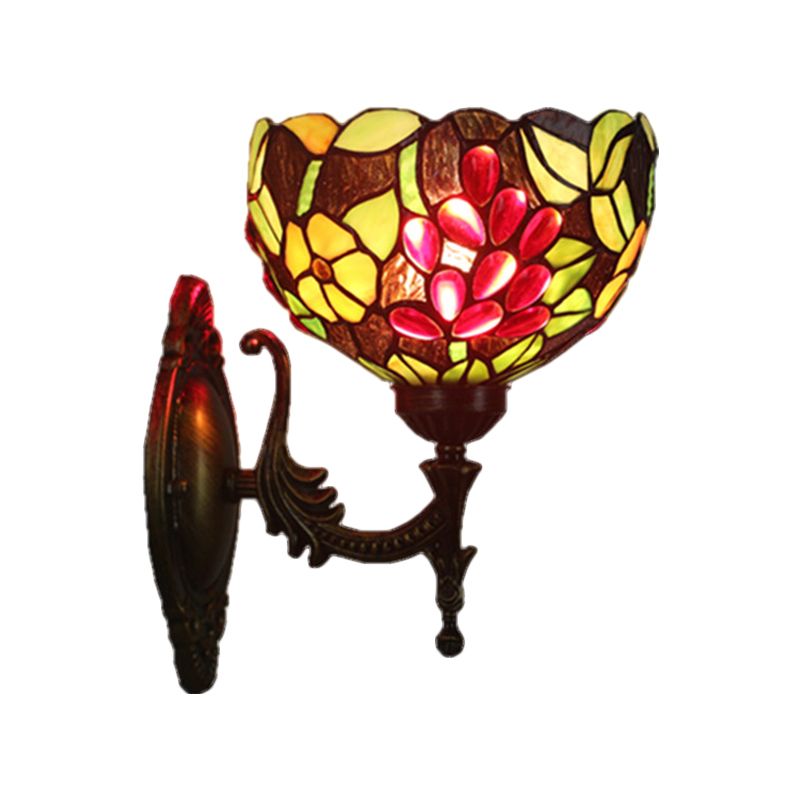 Bowl Shaped Wall Sconce Lighting Tiffany Style Hand Cut Glass 1 Head Brass Flower and Grape Wall Light Fixture