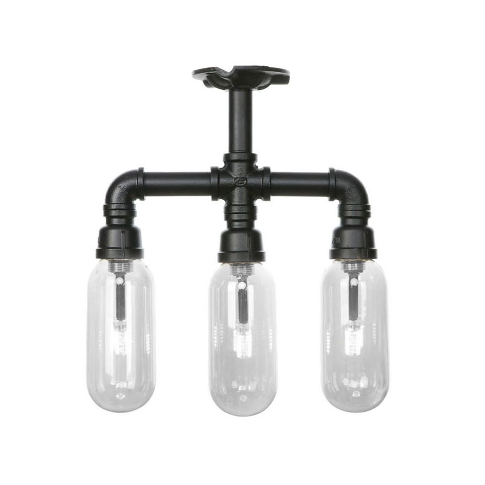 Capsule Semi Flush Light Vintage Style 3/4 Light Matte Black Clear Glass Lighting Fixture with Pipe Design