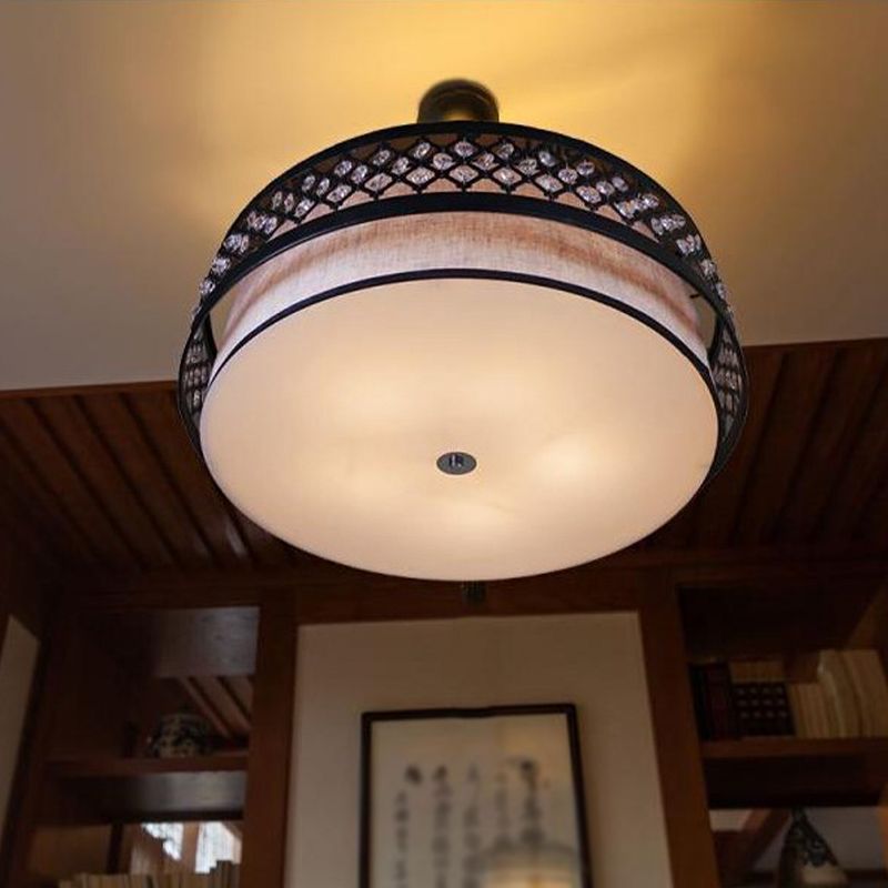 Hand Sewn Fabric Drum Pendant Farmhouse 5-Light Bedroom Chandelier Lighting with Crystal Detailing Cage Guard, Black