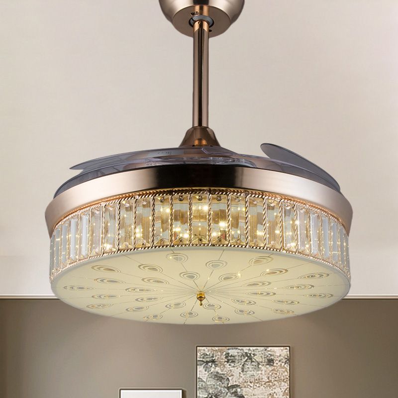Ventilateur de plafond à chasse d'eau rond moderne 3 lames Crystal LED Semi Flush Flush Mount Éclairage en or, 42,5 "de large