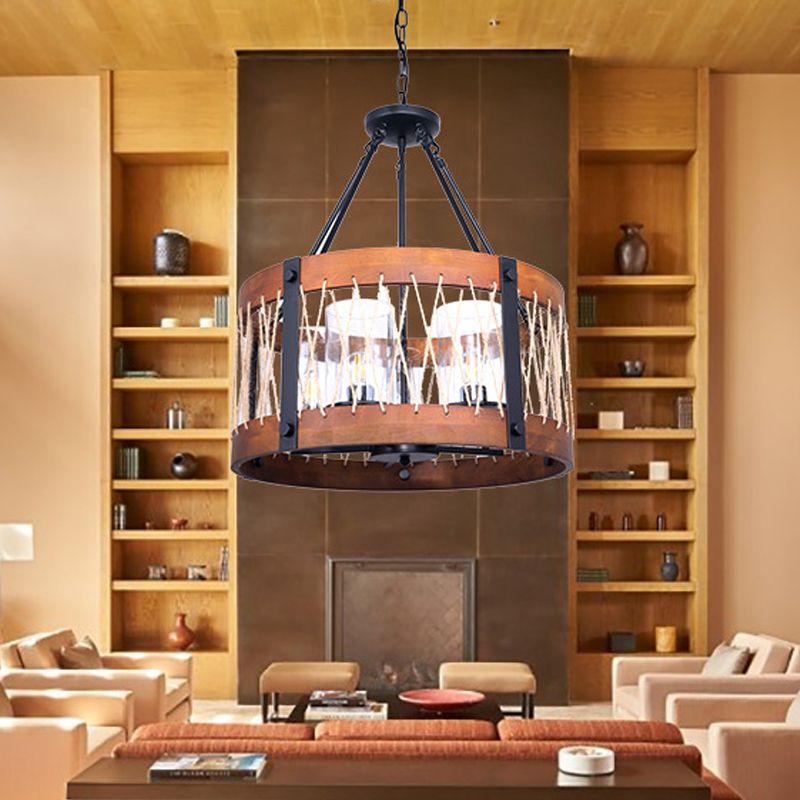 Wood Drum Chandelier Lamp Farmhouse 5-Head Living Room Pendant Ceiling Light in Brown