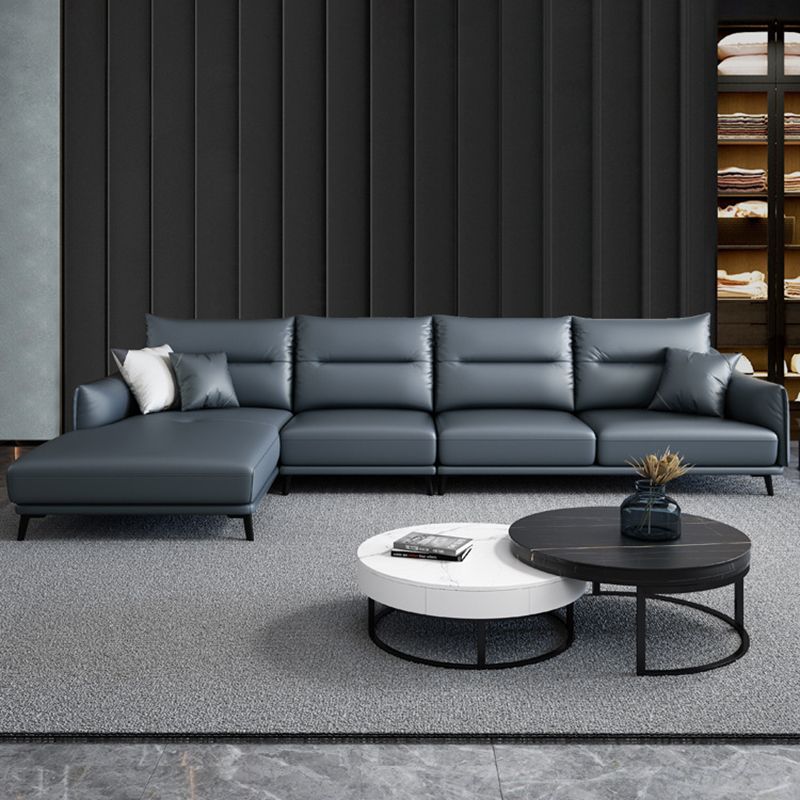 Blue Pillow Back Sectional Genuine Leather L-shape 3/4-Seat Sectional