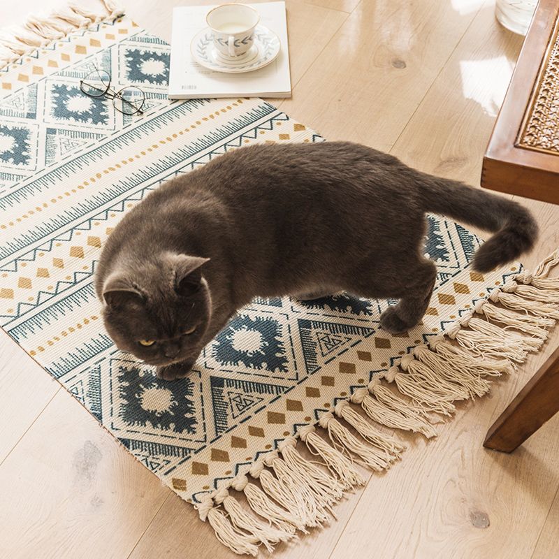Simplicity Green Boho Rug Cotton Knit Seamless Patterned Rug Pet Friendly Machine Washable Carpet for Dining Room