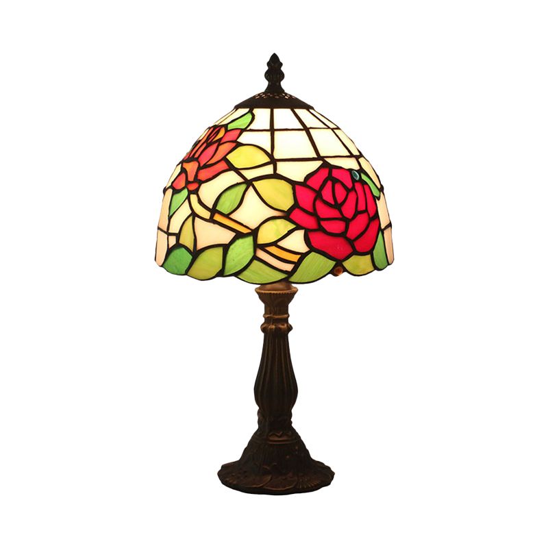 Lampe nocturne de teinte victorienne 1-Light Tachée d'art taché de rose Éclairage de bureau à motifs en rouge / rose / bleu pour chambre à coucher