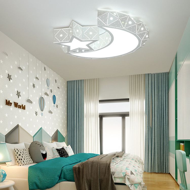 Nordic White Metal Flush Mount Light Fixture Cartoon Moon Flush Mount Spotlight for Kids Bedroom