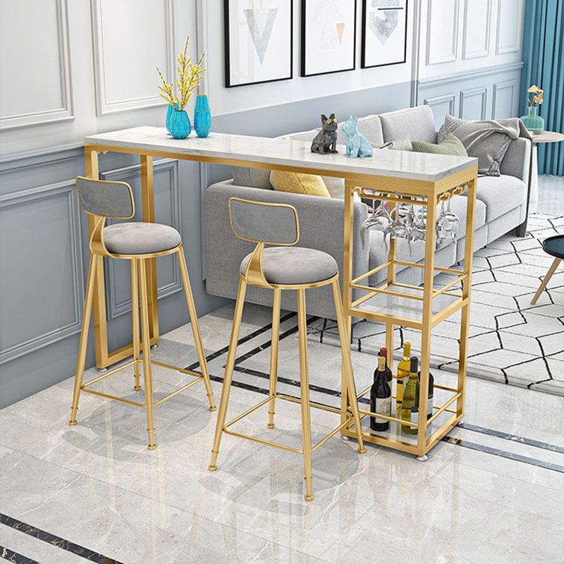 Glam White Marble Bar Dining Table Iron Double Pedestal Bistro Table with Shelve