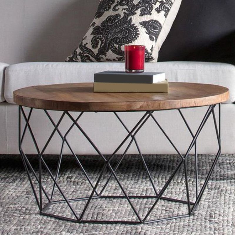 Round Solid Wood Coffee Table with Metal Frame Base Coffee in Brone