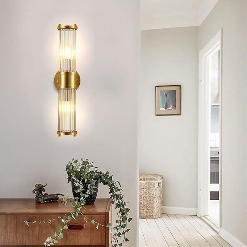 Cylinder Glass Bath Sconce in Gold & Clear Traditional 1 / 2 - Light Bathroom Vanity Light