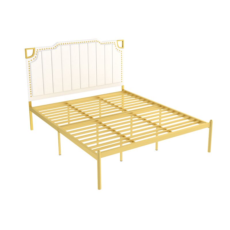 Iron Bed with Faux Leather Stepped Headboard and Nailhead Trim