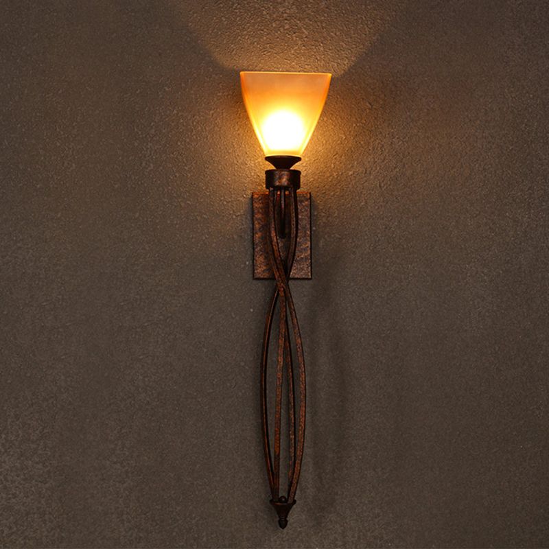 Trapezoid Corridor Wall Mounted Lamp Rustic Amber Glass Single Light Rust Wall Lighting with Twisted Line Arm