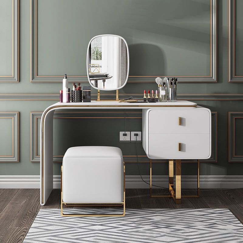 Faux Leather Vanity Table Set 28.7" H Glam 2 Drawers Vanity Makeup Table