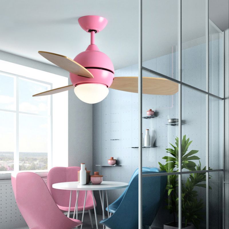 Modernist Bowl Metal Light LED Semi-Flush Monte en rosa/amarillo/verde con 3 cuchillas de madera para sala de estar, 34 "de ancho