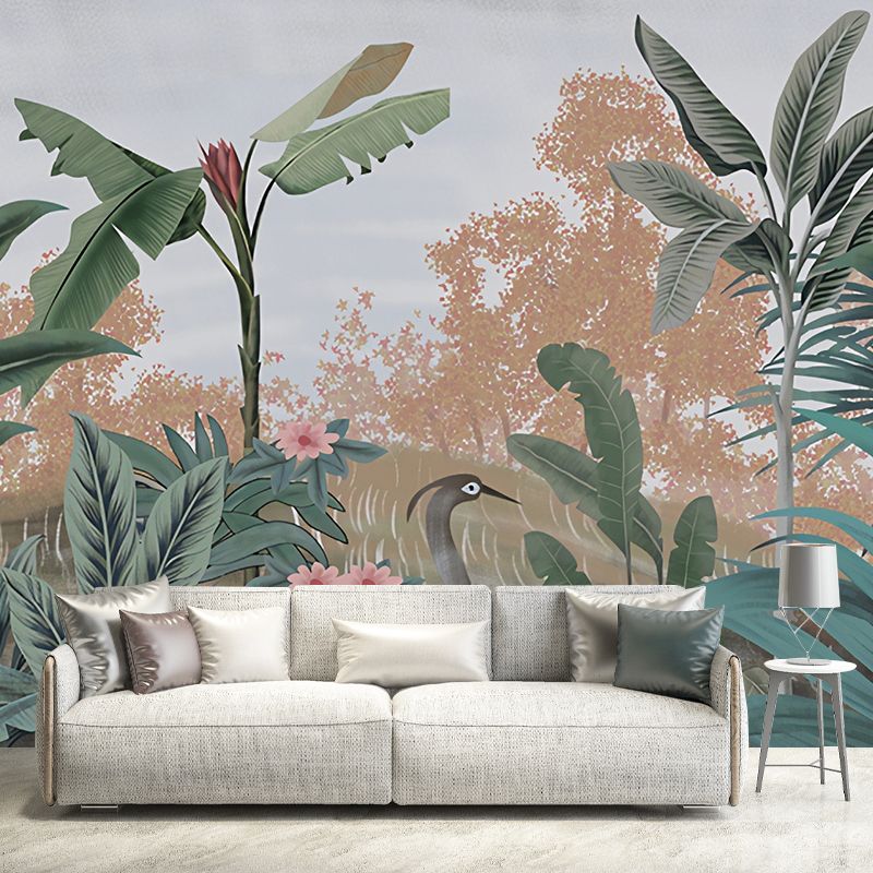 Tropical Botanical Leaf Wall Covering in Green Living Room Mural Wallpaper, Custom-Made