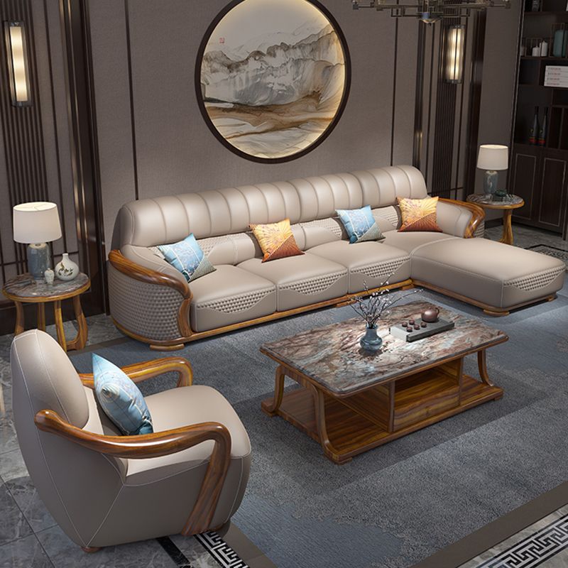 Solid Wood L-Shape Sectional Sofa Genuine Leather 3/4-Seat Sofa with Chaise