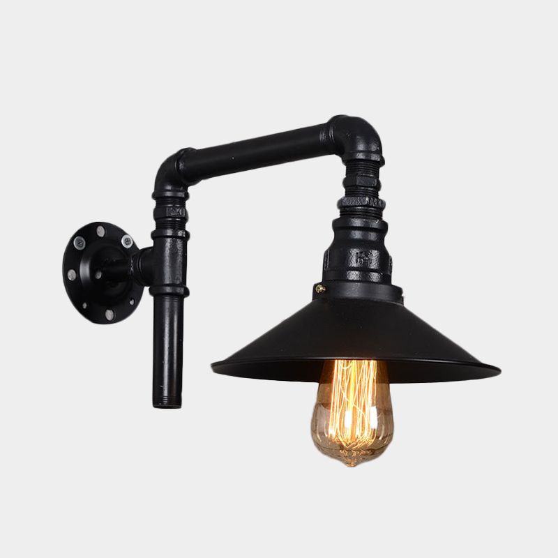 1 Bulb Iron Sconce Light Fixture Vintage Black Flared Restaurant Wall Mount Pipe Lamp with Right Angle Arm