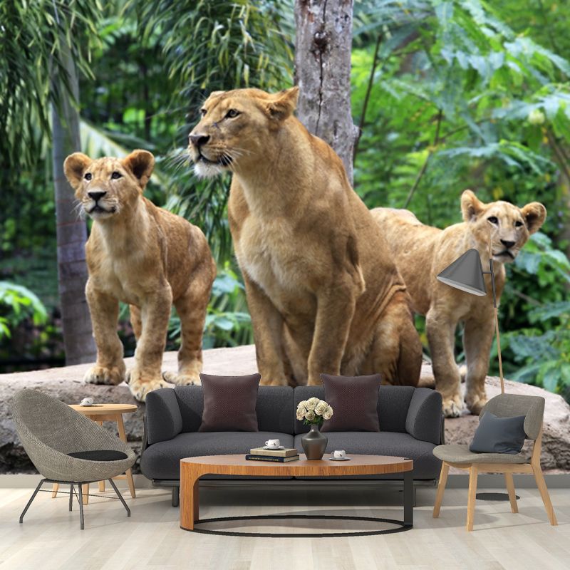 Green Tropical Wall Mural Decal Whole Lions in the Jungle Wall Art for Living Room