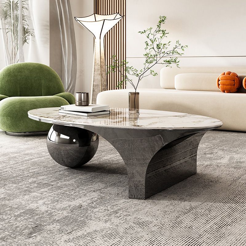 Oval Stone Top Coffee Table with Steel Base 51.18" Long 27.56" Wide