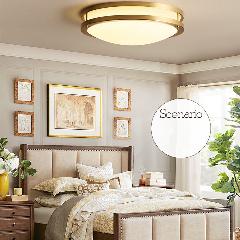 All Copper Round Simplicity LED Ceiling Light White Frosted Glass Shade Traditional Style Lighting Fixture in Gold