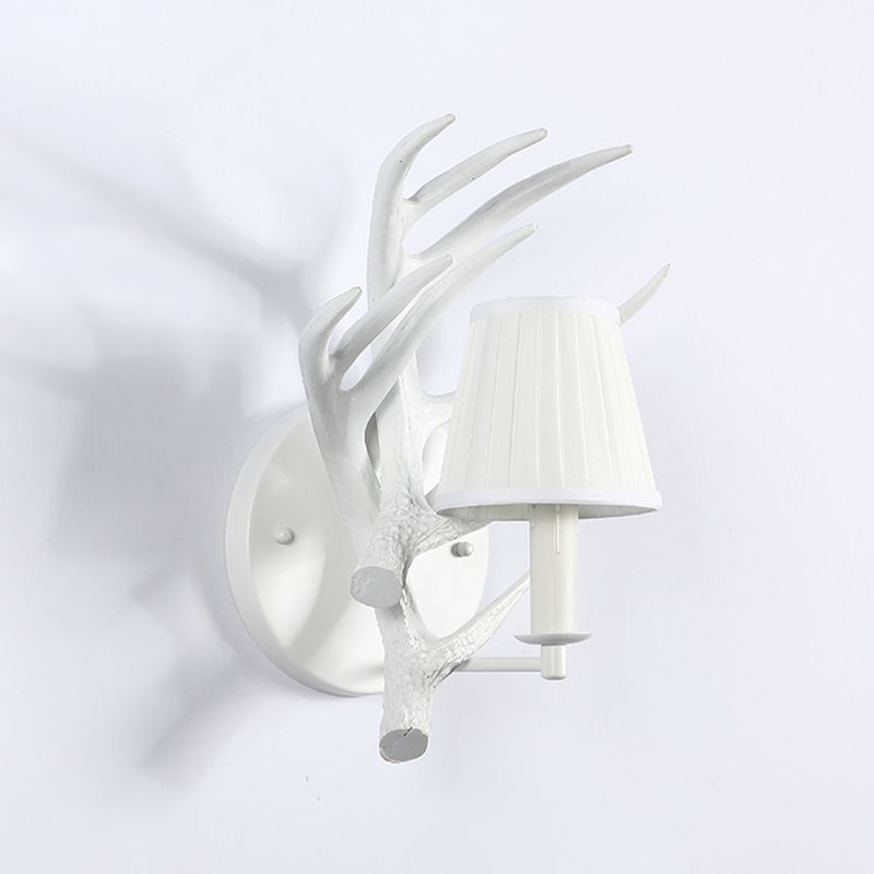 1 Light Resin Wall Lamp Rustic White Cone Dining Room Sconce Light Fixture with Elk Backplate