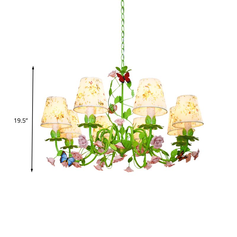 Tela Green Hanging Chandelier cónica 8 luces Costeo de iluminación tradicional hacia abajo para dormitorio