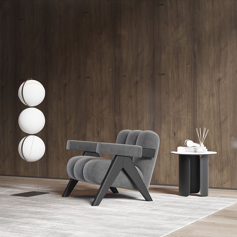 Mid-Modern Century Wood Lounge Chair Sewn Pillow Back Sled Arm Chair in Gray